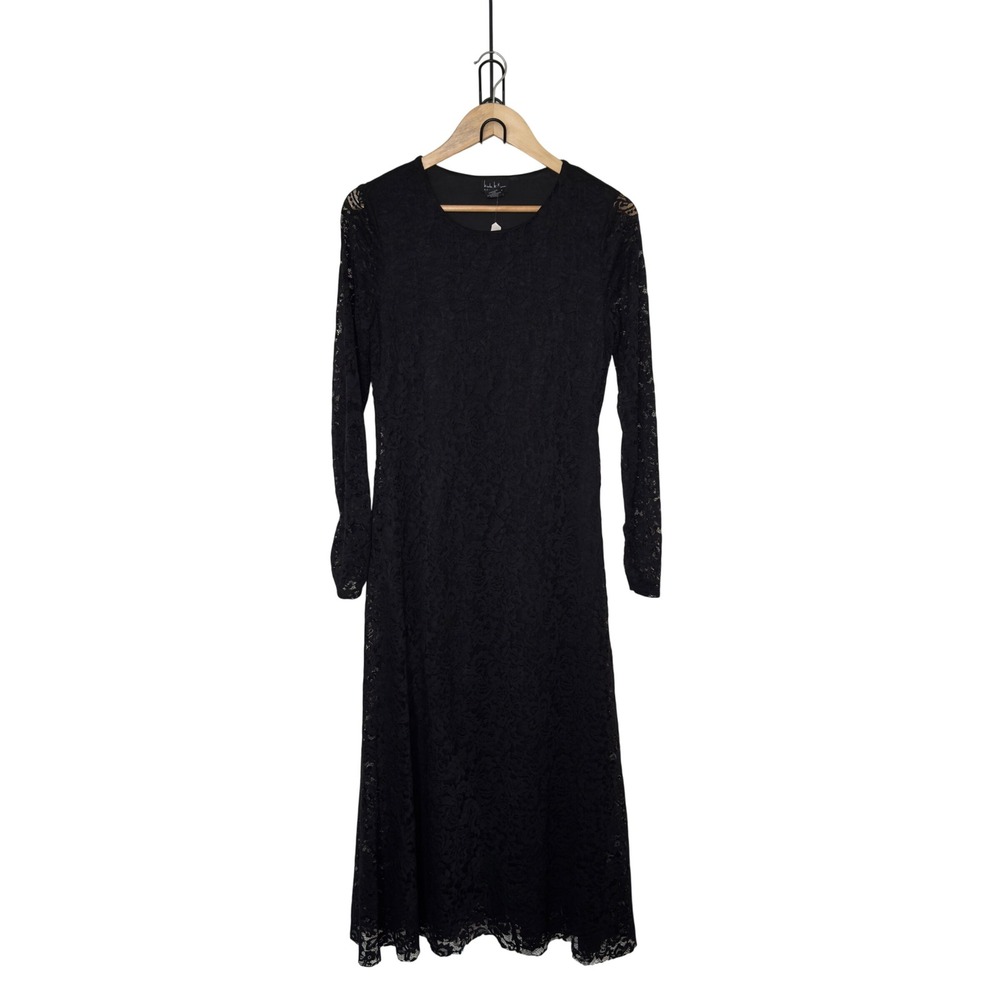 Nicole Miller Womens Dress M Black Lace Long Sleeve Midi Sheath Floral Overlay